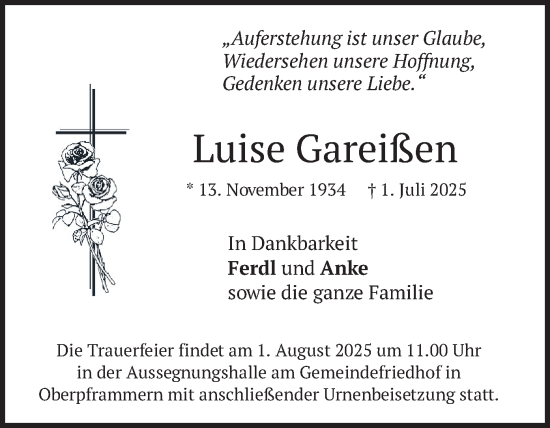 Traueranzeige von Luise Gareißen von merkurtz
