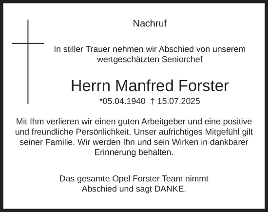 Traueranzeige von Manfred Forster von merkurtz