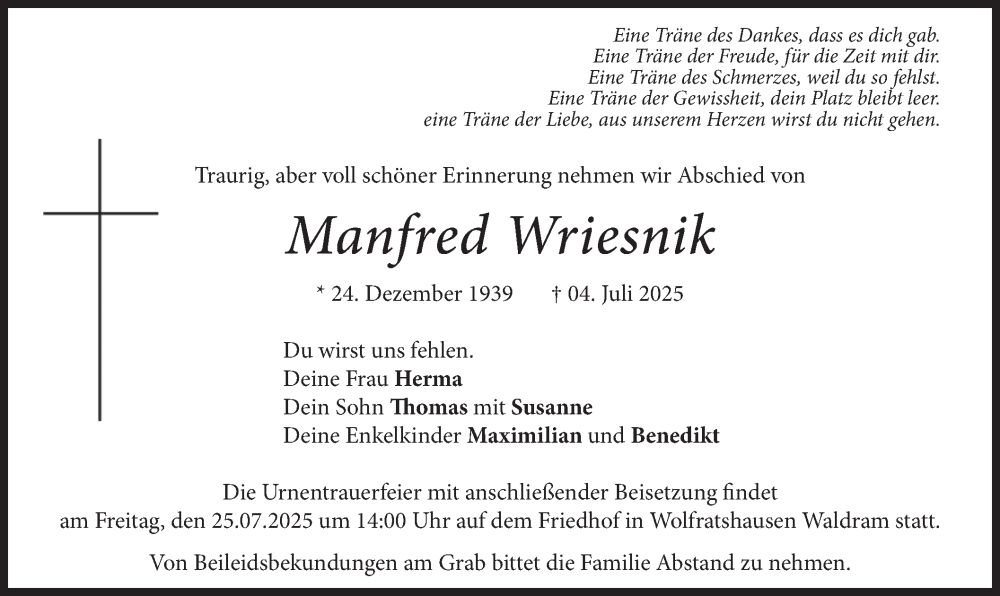  Traueranzeige für Manfred Wriesnik vom 12.07.2025 aus merkurtz
