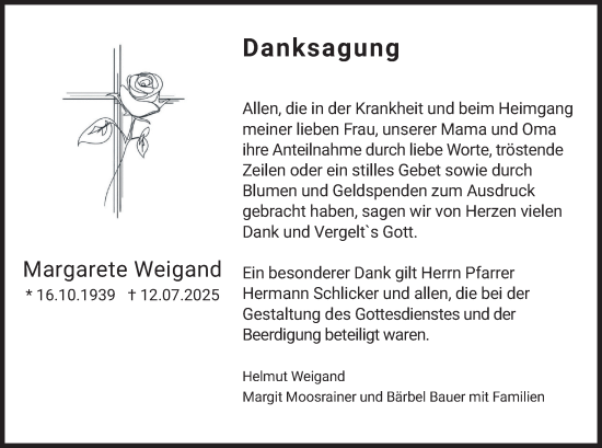 Traueranzeige von Margarete Weigand von merkurtz