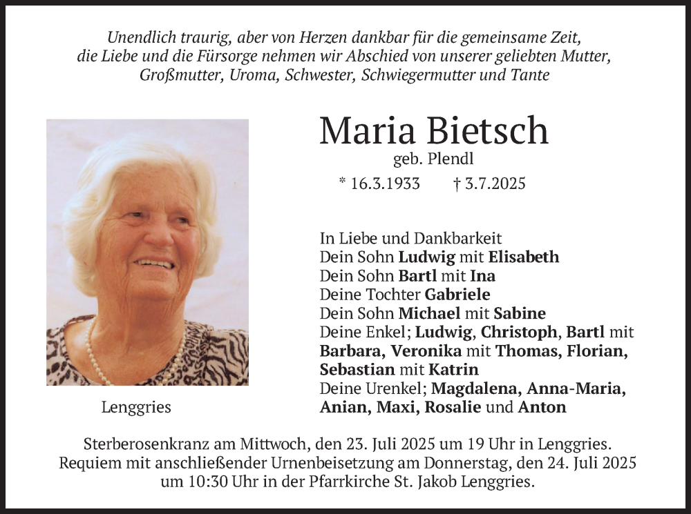  Traueranzeige für Maria Bietsch vom 19.07.2025 aus merkurtz