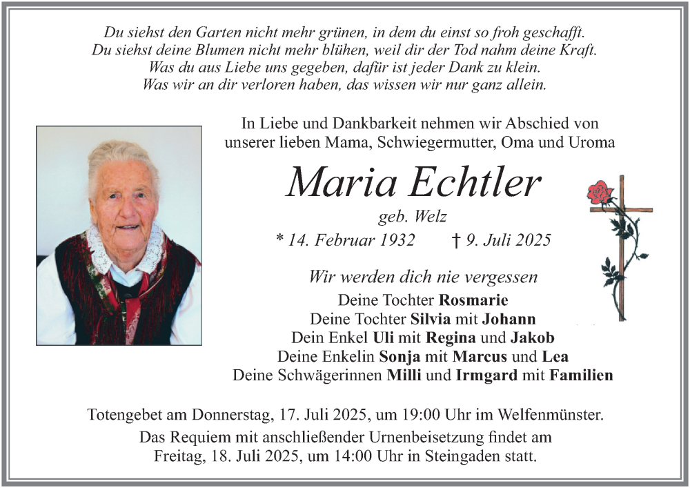  Traueranzeige für Maria Echtler vom 15.07.2025 aus merkurtz