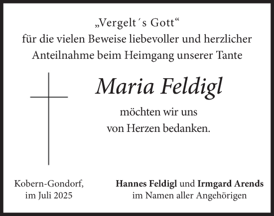 Traueranzeige von Maria Feldigl von merkurtz