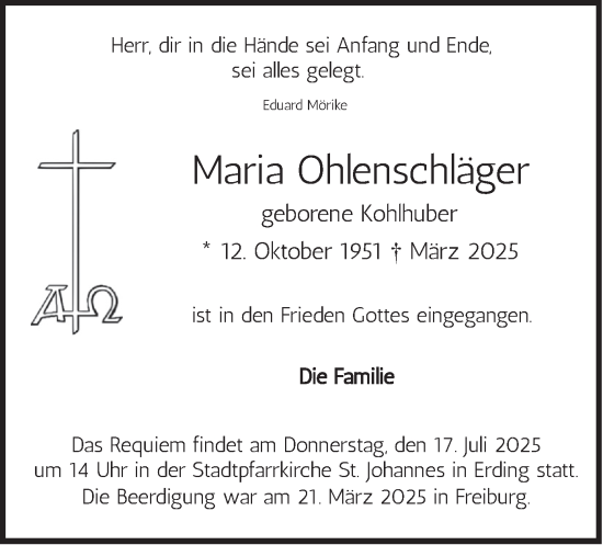 Traueranzeige von Maria Ohlenschläger von merkurtz