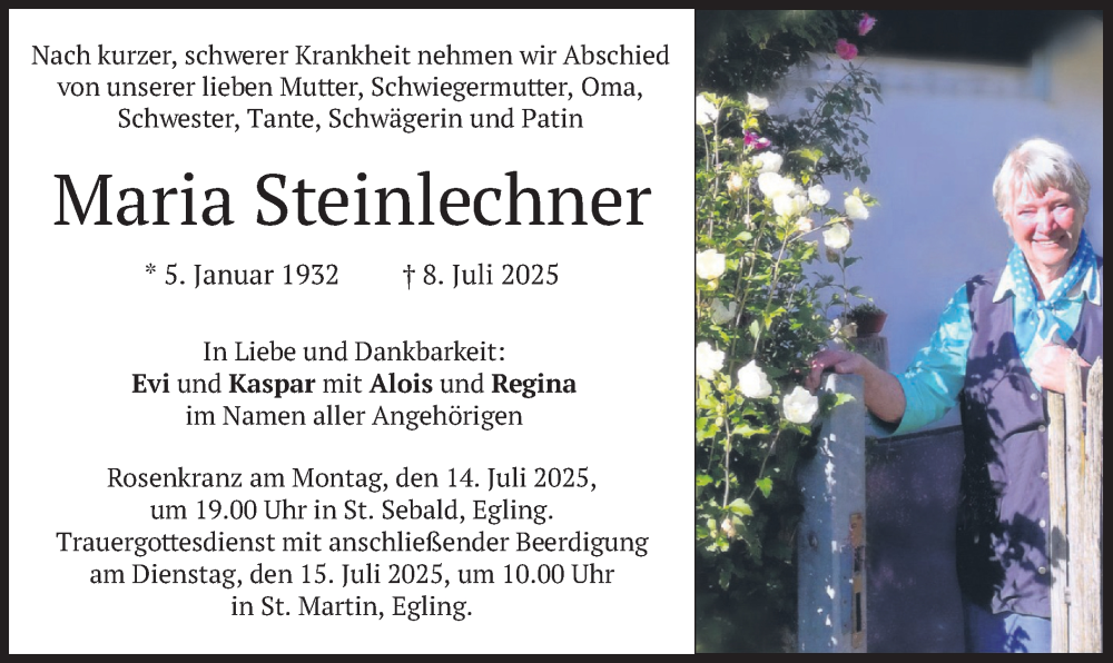  Traueranzeige für Maria Steinlechner vom 12.07.2025 aus merkurtz