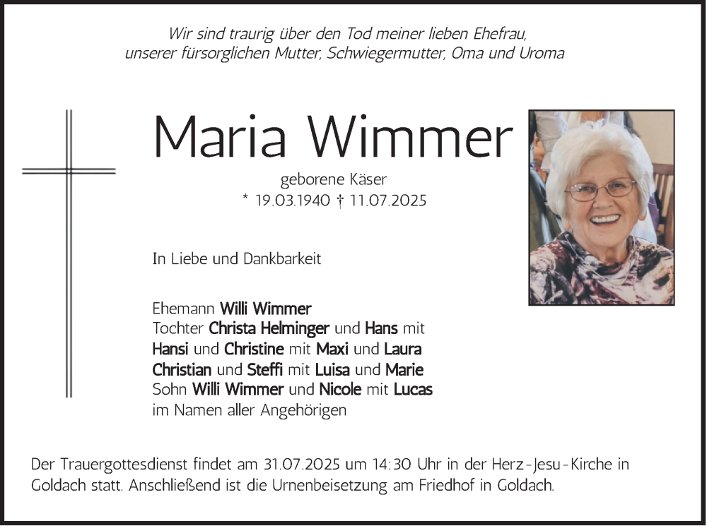  Traueranzeige für Maria Wimmer vom 26.07.2025 aus merkurtz
