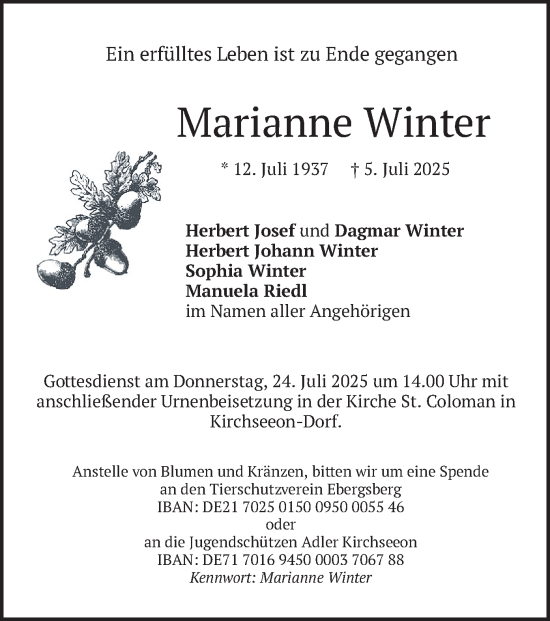 Traueranzeige von Marianne Winter von merkurtz