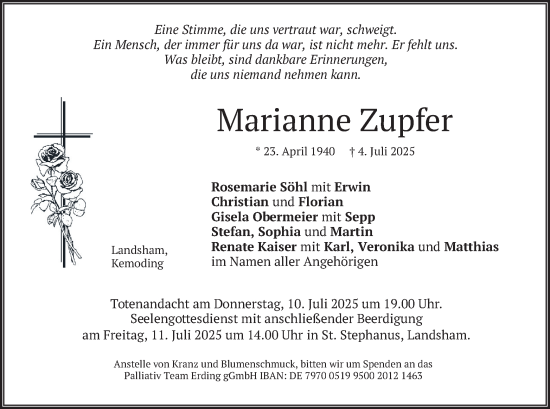 Traueranzeige von Marianne Zupfer von merkurtz