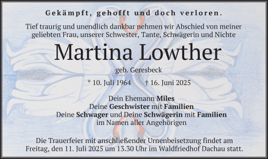 Traueranzeige von Martina Lowther von merkurtz