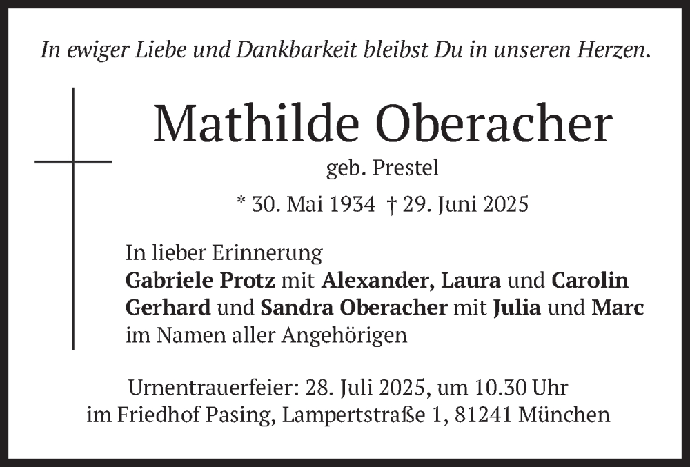  Traueranzeige für Mathilde Oberacher vom 19.07.2025 aus merkurtz