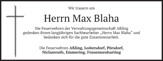 Traueranzeige von Max Blaha von merkurtz