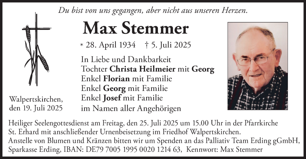  Traueranzeige für Max Stemmer vom 19.07.2025 aus merkurtz