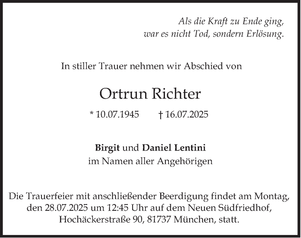  Traueranzeige für Ortrun Richter vom 23.07.2025 aus merkurtz