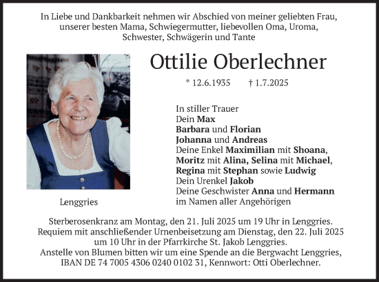 Traueranzeige von Ottilie Oberlechner von merkurtz