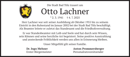 Traueranzeige von Otto Lachner von merkurtz
