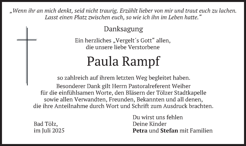  Traueranzeige für Paula Rampf vom 12.07.2025 aus merkurtz