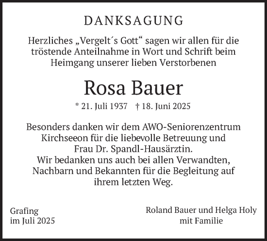 Traueranzeige von Rosa Bauer von merkurtz