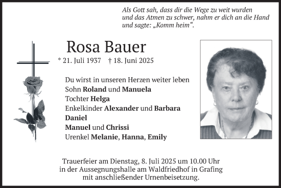 Traueranzeige von Rosa Bauer von merkurtz