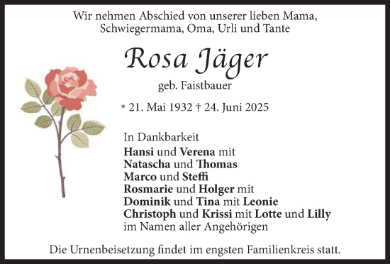 Traueranzeige von Rosa Jäger von merkurtz