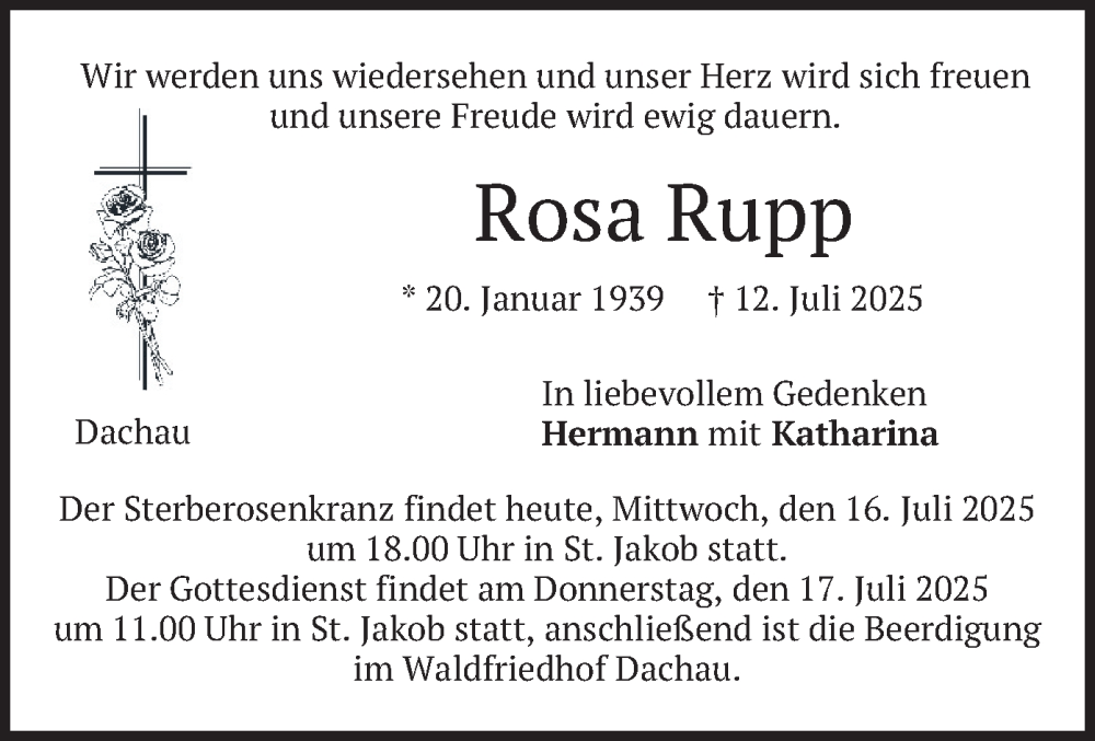  Traueranzeige für Rosa Rupp vom 16.07.2025 aus merkurtz