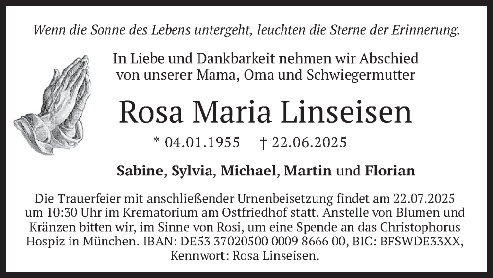  Traueranzeige für Rosa Maria Linseisen vom 12.07.2025 aus merkurtz
