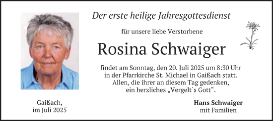 Traueranzeige von Rosina Schwaiger von merkurtz