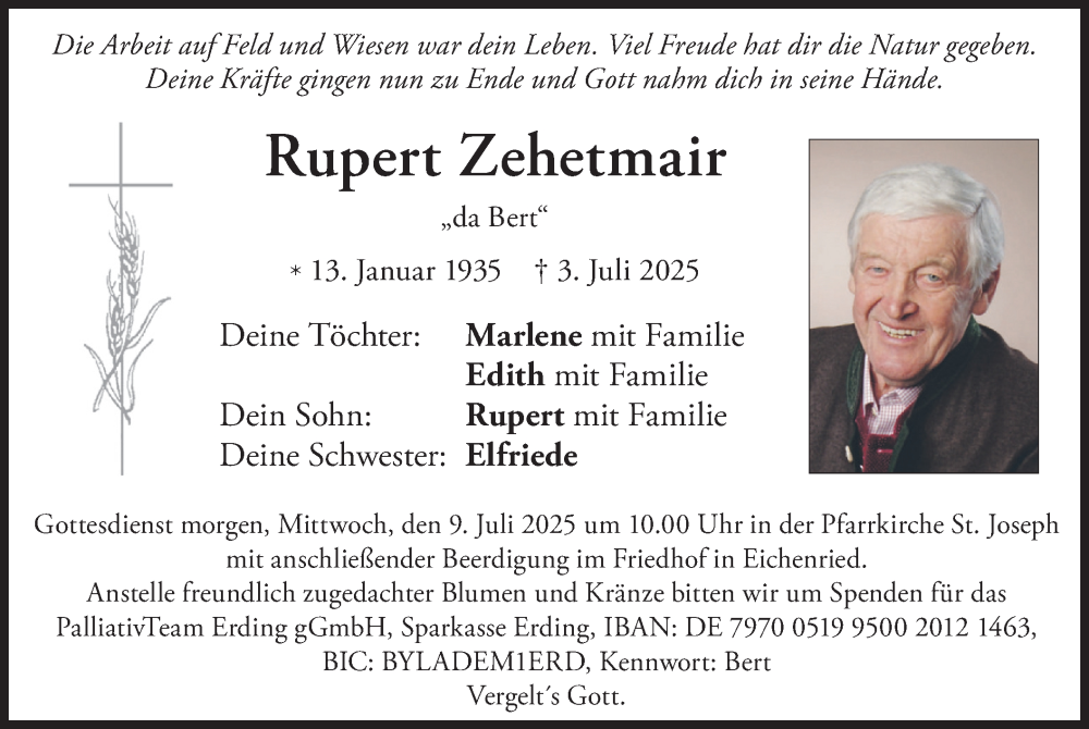  Traueranzeige für Rupert Zehetmair vom 08.07.2025 aus merkurtz