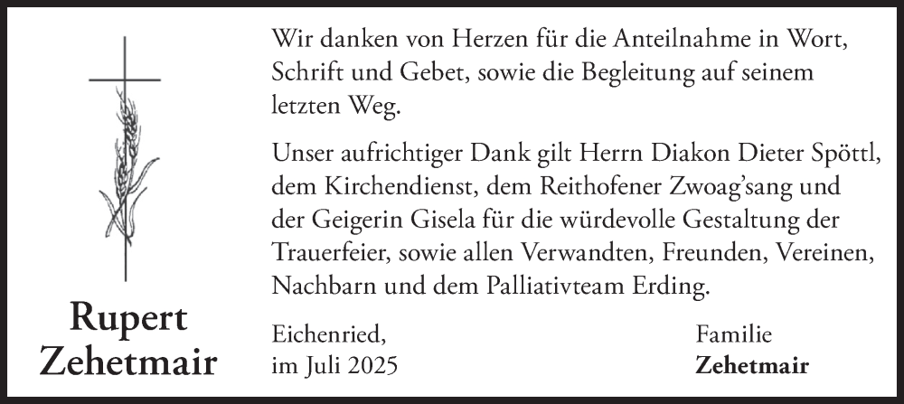  Traueranzeige für Rupert Zehetmair vom 19.07.2025 aus merkurtz