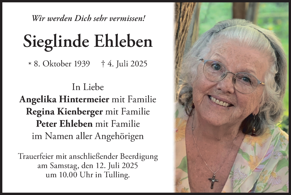  Traueranzeige für Sieglinde Ehleben vom 09.07.2025 aus merkurtz