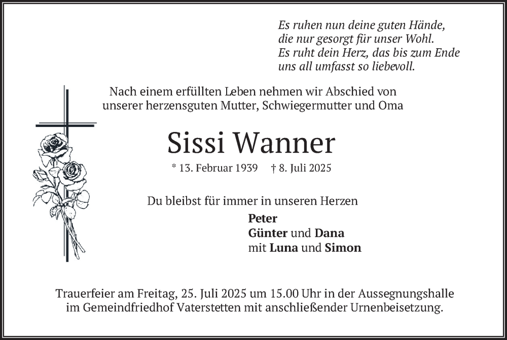  Traueranzeige für Sissi Wanner vom 19.07.2025 aus merkurtz