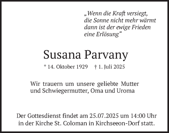 Traueranzeige von Susana Parvany von merkurtz