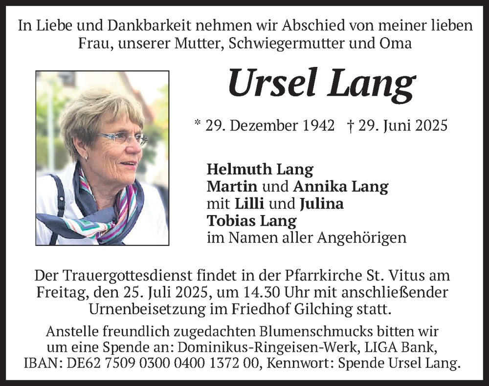  Traueranzeige für Ursel Lang vom 19.07.2025 aus merkurtz