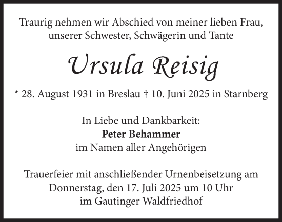 Traueranzeige von Ursula Reisig von merkurtz