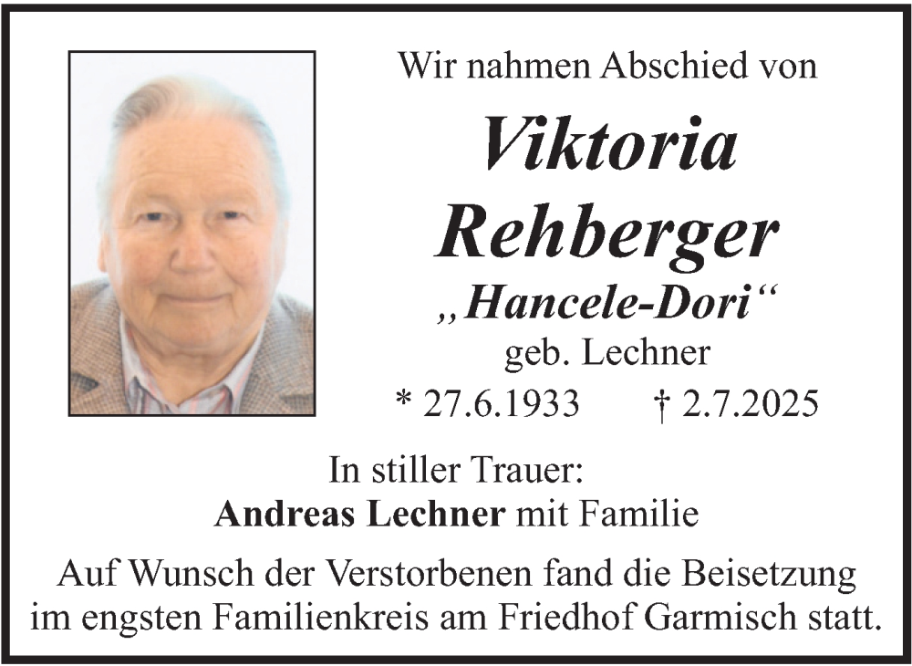  Traueranzeige für Viktoria Rehberger vom 26.07.2025 aus merkurtz