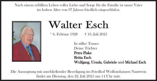 Traueranzeige von Walter Esch von merkurtz