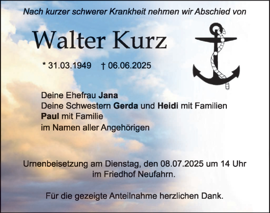 Traueranzeige von Walter Kurz von merkurtz