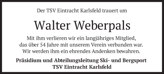 Traueranzeige von Walter Weberpals von merkurtz