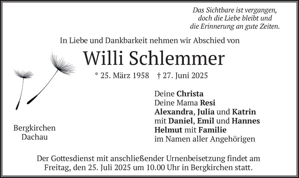  Traueranzeige für Willi Schlemmer vom 19.07.2025 aus merkurtz