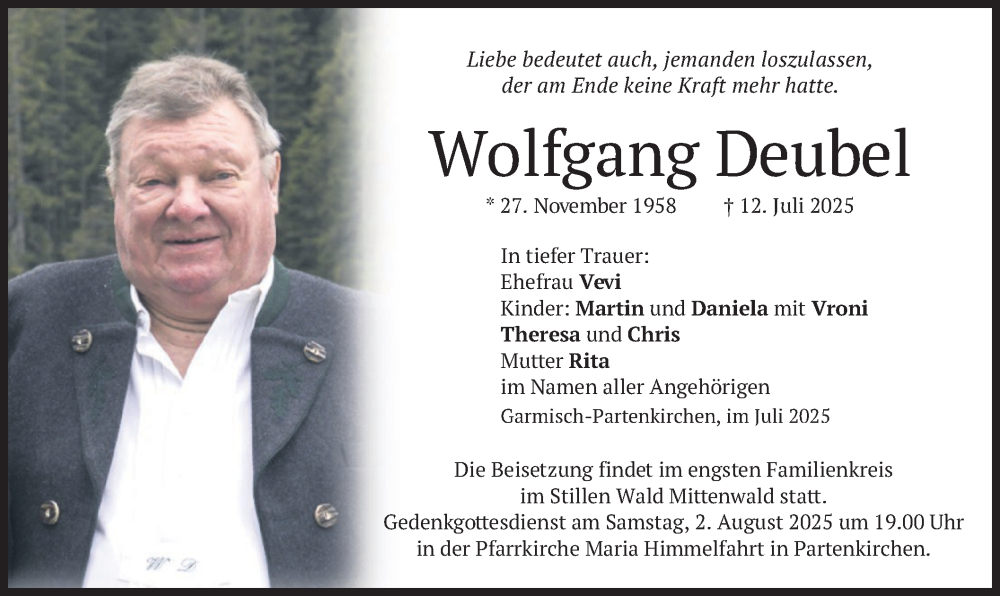  Traueranzeige für Wolfgang Deubel vom 19.07.2025 aus merkurtz