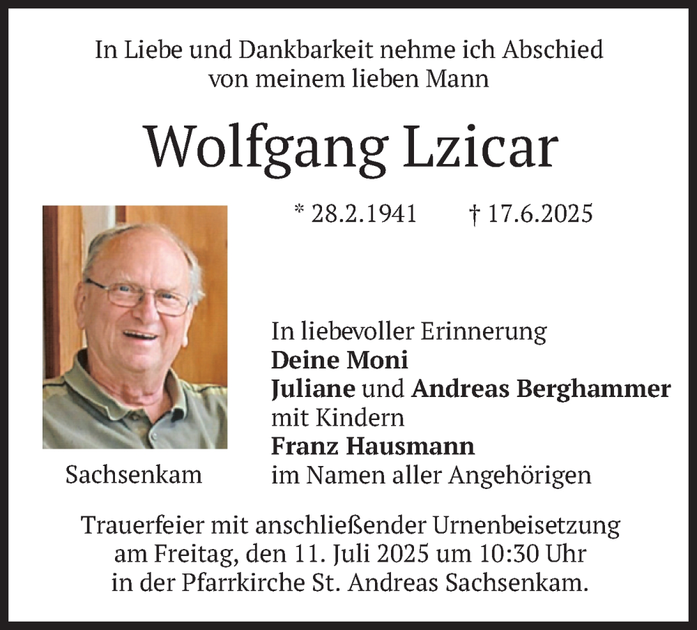  Traueranzeige für Wolfgang Lzicar vom 05.07.2025 aus merkurtz