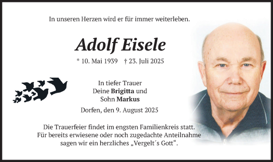 Traueranzeige von Adolf Eisele von merkurtz