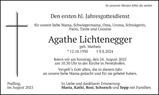 Traueranzeige von Agathe Lichtenegger von merkurtz