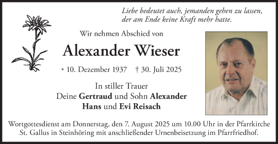 Traueranzeige von Alexander Wieser von merkurtz