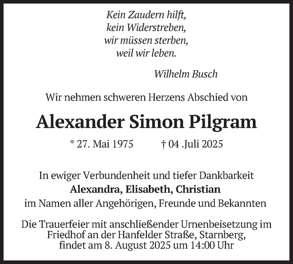  Traueranzeige für Alexander Simon Pilgram vom 02.08.2025 aus merkurtz