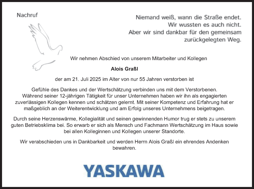 Traueranzeige für Alois Graßl vom 14.08.2025 aus merkurtz
