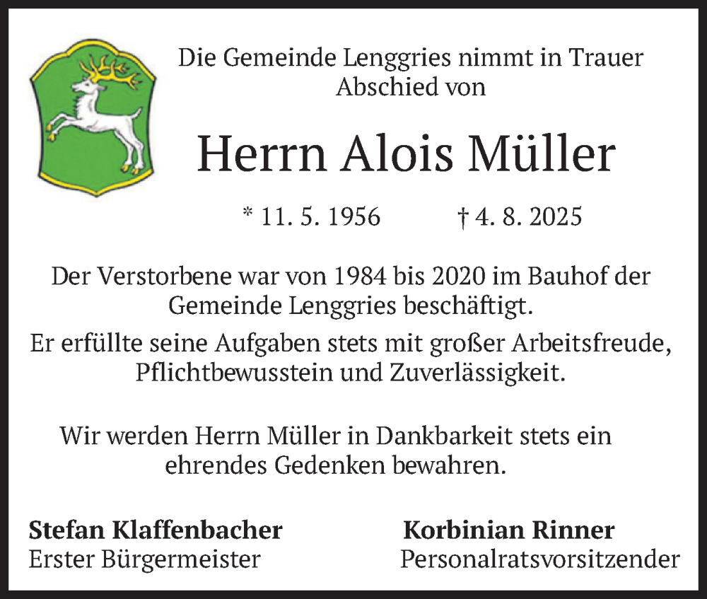  Traueranzeige für Alois Müller vom 12.08.2025 aus merkurtz