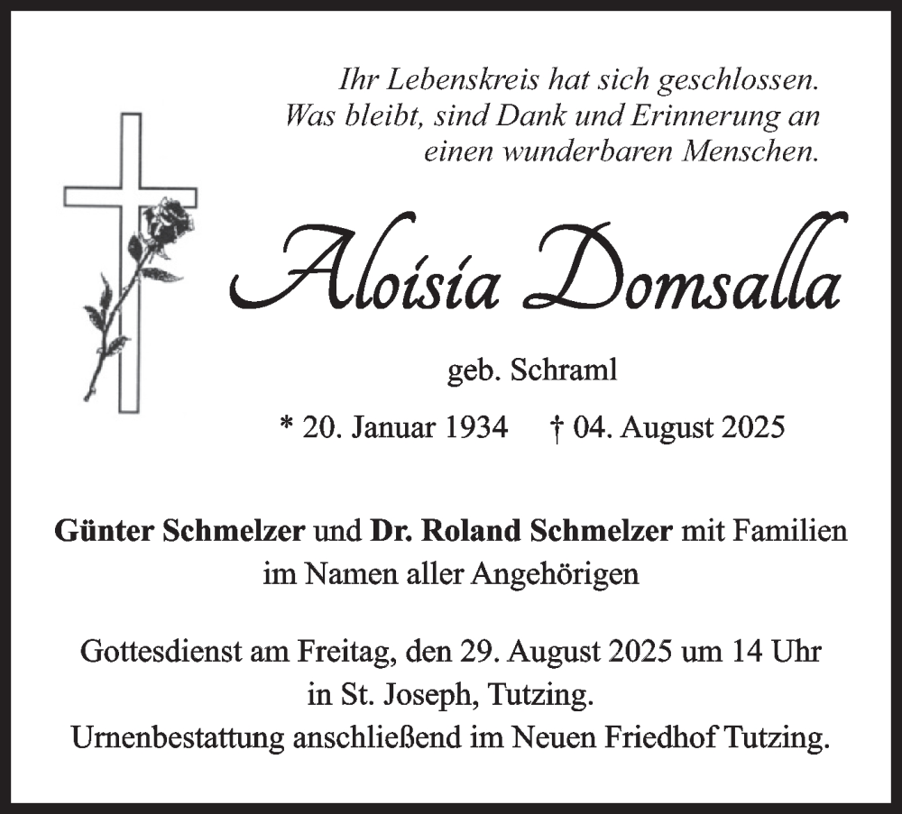  Traueranzeige für Aloisia Domsalla vom 23.08.2025 aus merkurtz