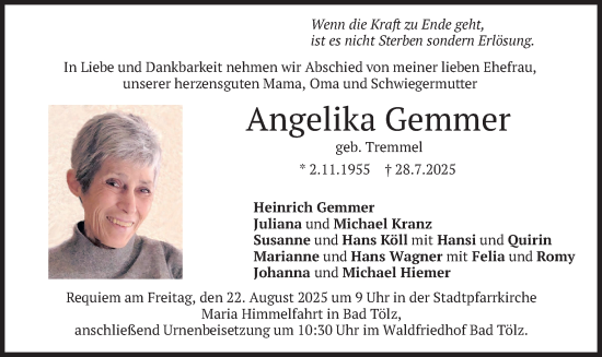 Traueranzeige von Angelika Gemmer von merkurtz