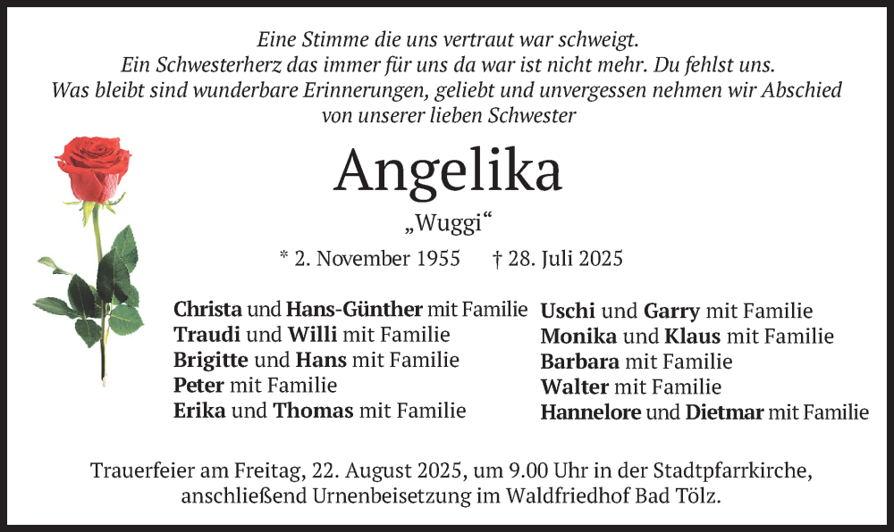  Traueranzeige für Angelika Gemmer vom 16.08.2025 aus merkurtz