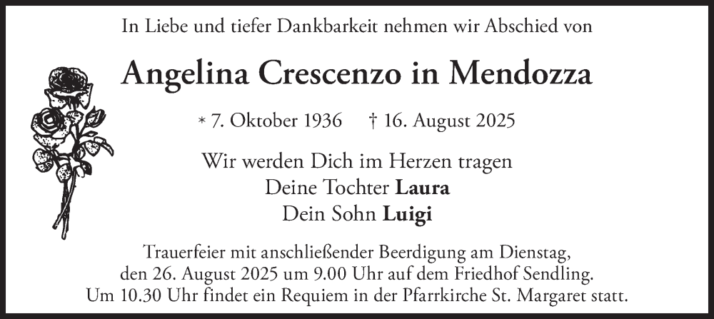  Traueranzeige für Angelina Crescenzo vom 23.08.2025 aus merkurtz